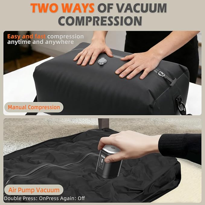 LONGHIKER Travel Vacuum Bags with Pump – Reusable Airless Space Saver Vacuum Storage Bags Compression Bag for Carry-On Suitcase & Backpack, IPX8 Waterproof TPU Vacuum Seal Bags for Clothing(1PC-34L)