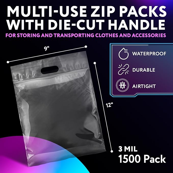 APQ Die Cut Zipper Bags, 9 x 12 Inches. Pack of 1500 Clear Polyethylene Die Cut Handle Reclosable Zip Bags for Clothes, Tools. 3 Mil Thick Durable Reclosable Plastic Bags With Zipper Closure