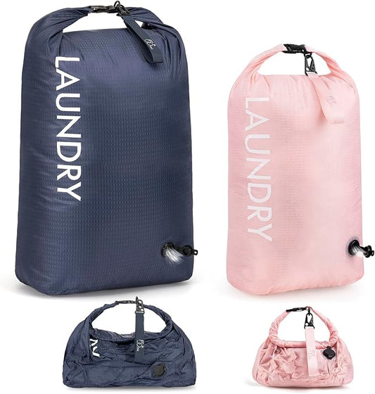 WiseBoy Compression Laundry Bag 2 Pack, Pump-Free Space Saving Travel Laundry Bag, Waterproof Odor-Resistant Dirty Clothes Bag for Suitcase, Wet Dry Gym & Swim Organizer (Navy Blue & Pink)