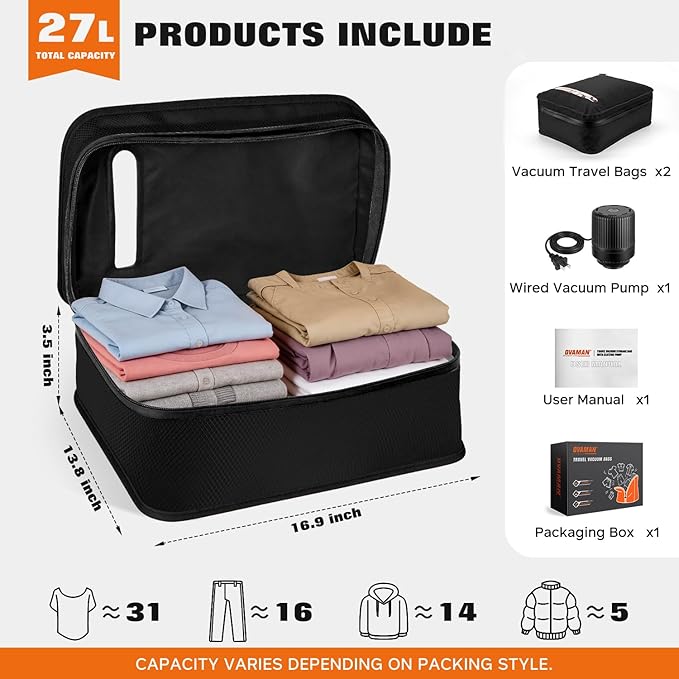 Vacuum Bags for Travel with Wired Pump, Travel Compression Bags for Clothes, 180° Open Zipper, Save 80% Space, IP68 Waterproof Travelpack Vacuum Kit for Luggage, Suitcase, Home Storage (2 Pack + Pump)