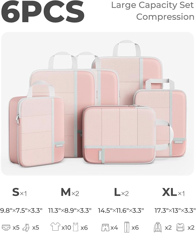 Percover Compression Packing Cubes for Travel, 6-Piece Structured Compression Organizer Set for Organized Packing & Carry-On Luggage, Pink