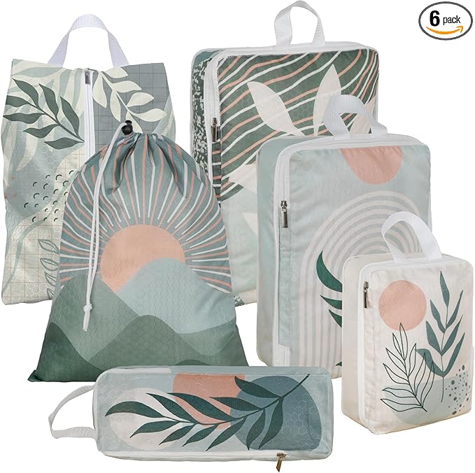 6 Pcs Compression Packing Cubes Waterproof Suitcase Travel Bag Luggage Backpack Organizer Travel Cubes for Packing-Bohemian
