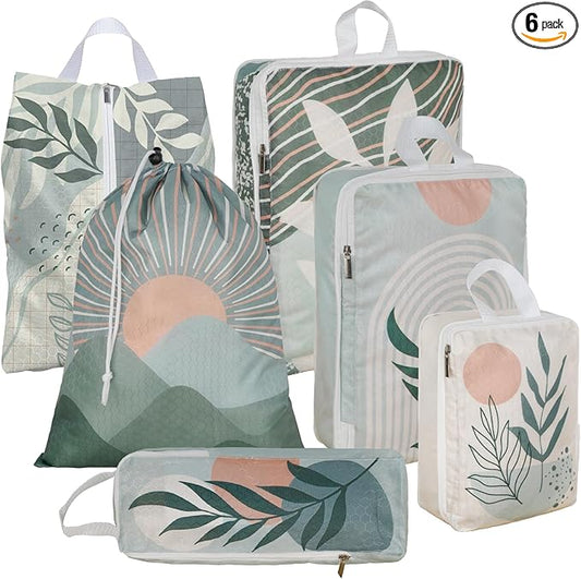 6 Pcs Compression Packing Cubes Waterproof Suitcase Travel Bag Luggage Backpack Organizer Travel Cubes for Packing-Bohemian
