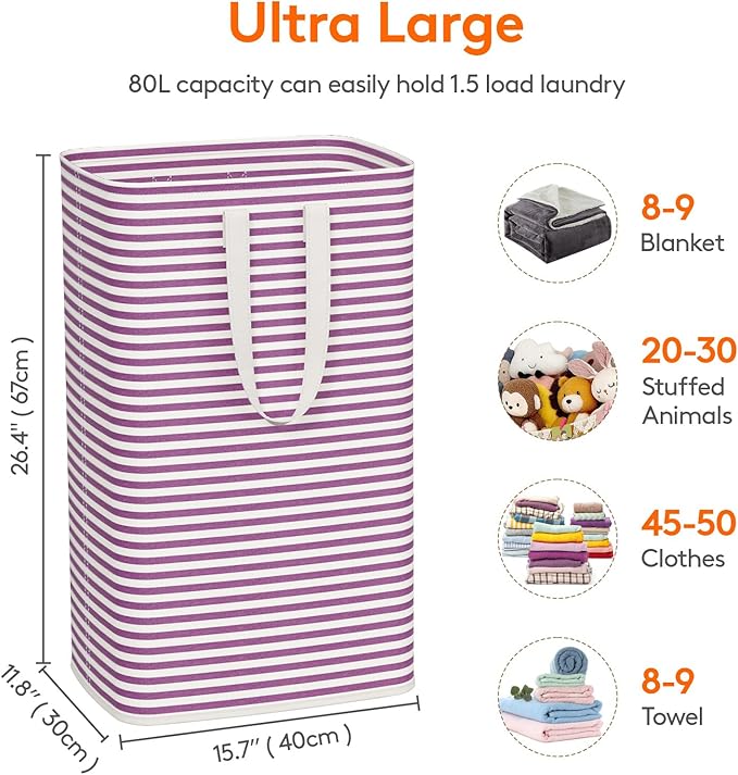 Lifewit 2 Pack Laundry Hamper Large Collapsible Laundry Baskets, Freestanding Waterproof Clothes Hamper with Easy Carry Handles in Laundry Room Bedroom Bathroom College Dorm, Purple, 2 x 80L