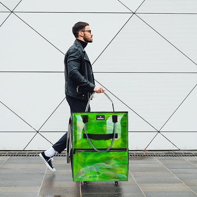 Reusable Grocery Bag On Wheels, 70L Foldable Shopping Cart with Multiple Pockets & 3-Way Carry System, Zippered Top, Heavy Duty Handles for Groceries, Camping, Moving, Medium, Gradient Green