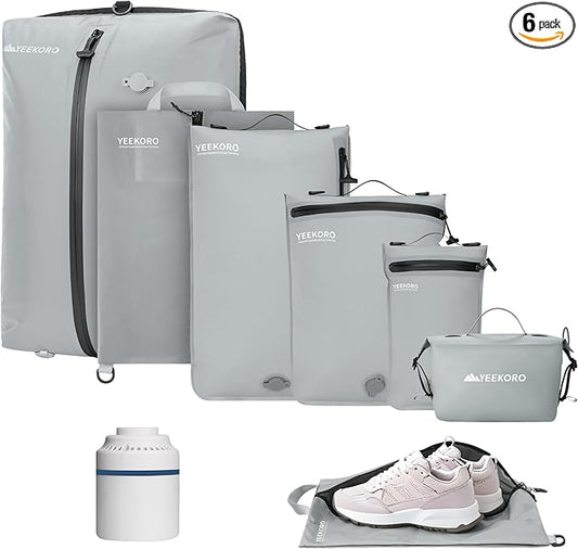 6 Set Vacuum Bags for Travel, Professional IPX8 Reusable Organizer, Compression Packing cube for Suitcases, Durable Seal Space Saver Bags -Traveling/Skiing Essentials (with Pump)