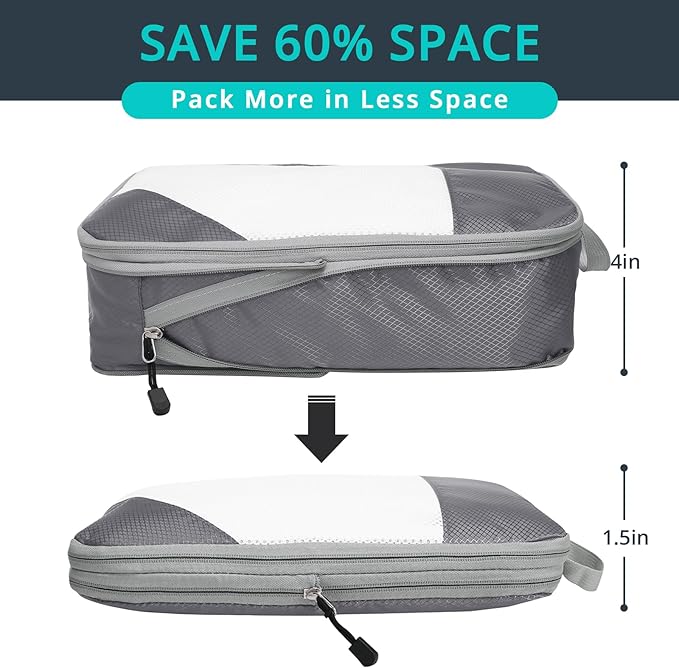 NICOSHOW 6 Set Compression Packing Cubes for Travel - Compressible, Lightweight, and Space-Saving Packing Cubes, Travel Essentials for Women, Grey