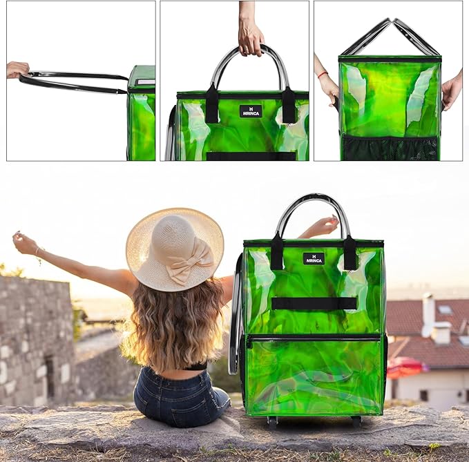 Reusable Grocery Bag On Wheels, 70L Foldable Shopping Cart with Multiple Pockets & 3-Way Carry System, Zippered Top, Heavy Duty Handles for Groceries, Camping, Moving, Medium, Gradient Green