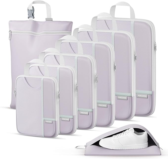 Percover Compression Packing Cubes for Travel, 8-Piece Structured Compression Organizer Set with Laundry Bag & Shoe Bag for Carry-On & Checked Luggage, Purple