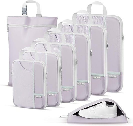 Percover Compression Packing Cubes for Travel, 8-Piece Structured Compression Organizer Set with Laundry Bag & Shoe Bag for Carry-On & Checked Luggage, Purple