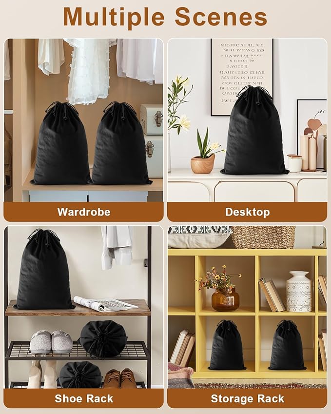 FantasyLife Shoe Bags for Travel, Washable Dust Bags for Storage & Packing, Flannel Shoe Pouch with Drawstring Closure for Purses, Handbags, Shoes & Toys (2, Black Beauty, 17.3"x12.6")