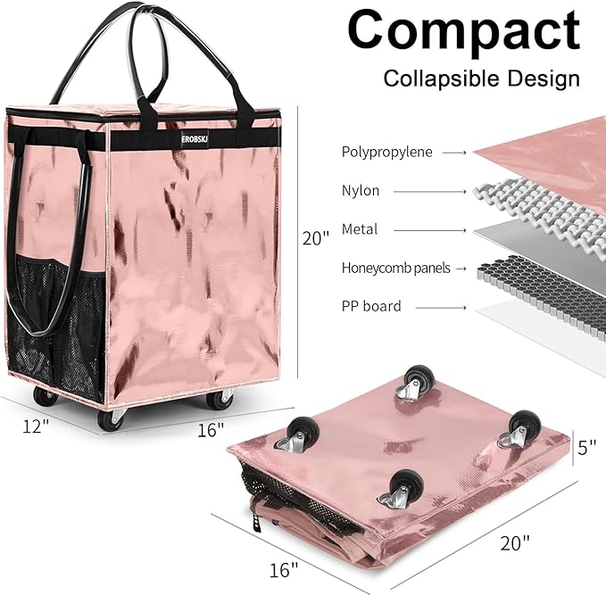 (Medium,Rose Gold) Reusable Grocery Bag on Wheels, 70L Foldable Rolling Tote, Carries Up to 66 lbs Shopping Trolley, Zipper Clouser Shopping Carts for Trips, Laundry, 4 Heavy Duty Wheels and 3 Handles