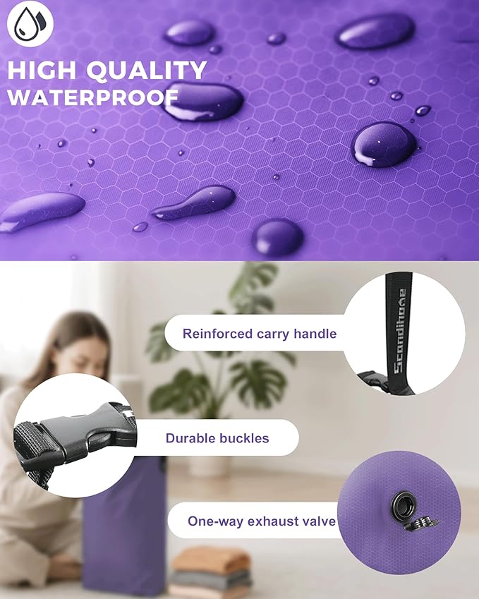 Travel Laundry Bag, Pump-free Vacuum Compression Dirty Clothes Bag, Medium Reusable Waterproof & Washable Laundry Bag, Wet and Dry Bag, Ideal for Suitcases, Laundromats (1 Pack) Purple