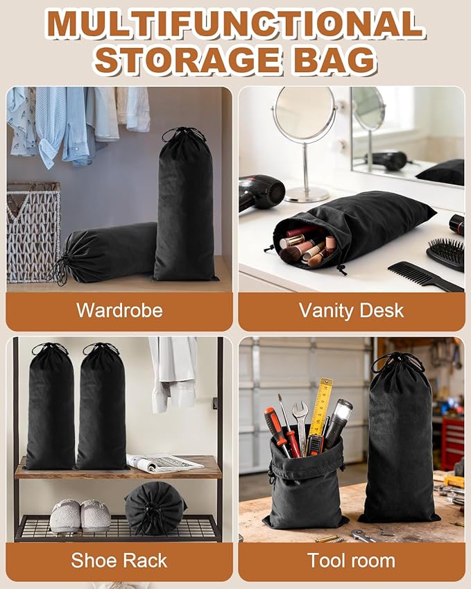 6 Pcs Single Shoe Bags for Travel, 17.3"x8.6" Washable Travel Shoe Bags for Packing in Suitcase, Velvet Dust Bag with Drawstring, Shoe Pouch for Women and Men, Travel and Home Storage(Black Beauty)