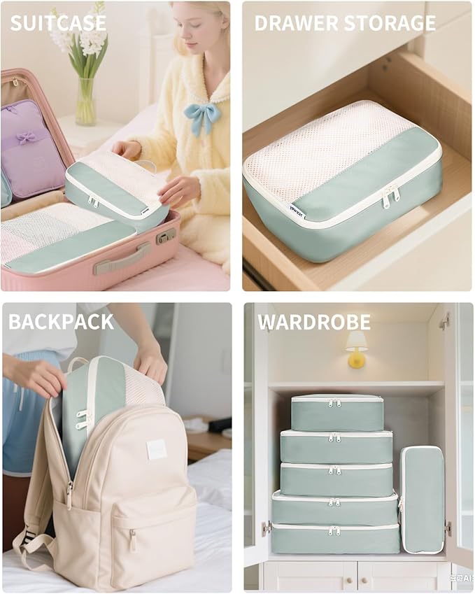 Narwey 7 Set Packing Cubes Durable Packing Organizers Bag Organizer Bags Travel Carry on Suitcase Luggage for Women (Mint Green)