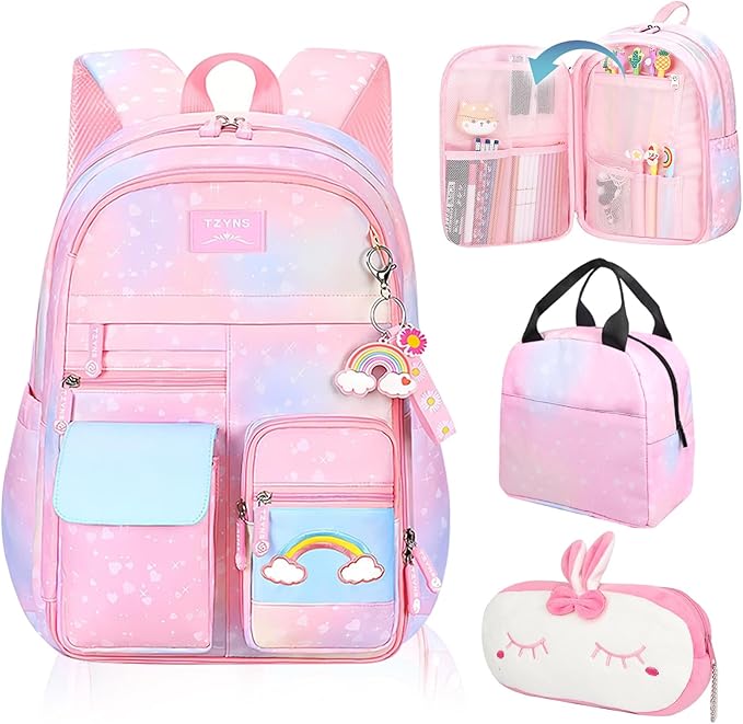 Starry Rainbow Backpack Kawaii School Students Backpack Cute Large Capacity Kids Bookbag Multifunction Fashion Casual Laptop Travel Bag For Boy Girl (Pink-17inch)