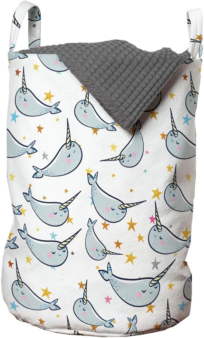 Ambesonne Narwhal Laundry Bag Pack of 2, Unicorn of the Oceans Pattern in Cartoon Style Composition Colorful Design, Hamper Basket with Handles Drawstring Closure, 13" x 19", Grey Gold