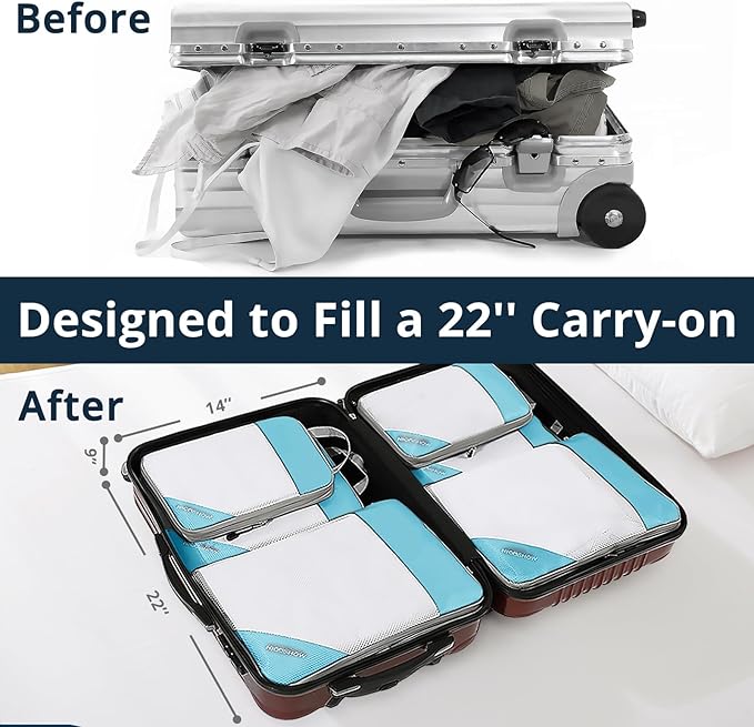 9 Set Compression Packing Cubes for Travel - Compressible, Lightweight, and Space-Saving Packing Cubes, Travel Essentials for Women, Teal