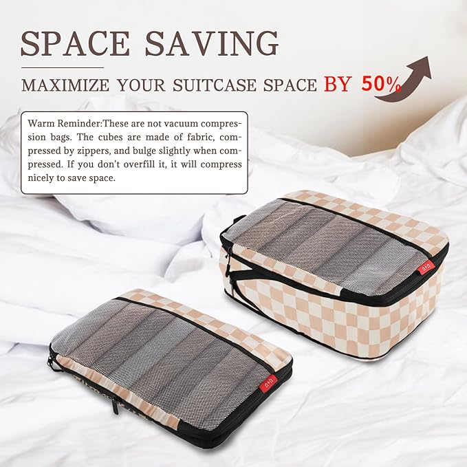 U+U 6 Set Compression Packing Cubes - Ultralight Travel Organizers with Laundry Bag, Space-Saving Suitcase Organizer for Travel, Business Trip and Family Vacation (Khaki Checkered)