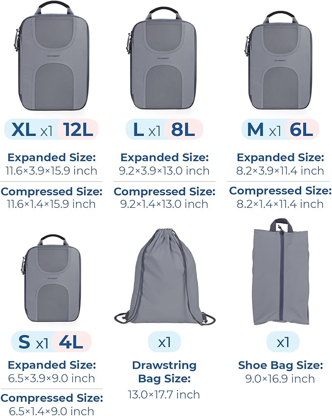 BAGSMART Compression Packing Cubes, 6 Set Packing Cubes for Suitcases, Lightweight Suitcases Organizers Bag Set & Compression Travel Cubes, Travel Essentials Packing Organizers
