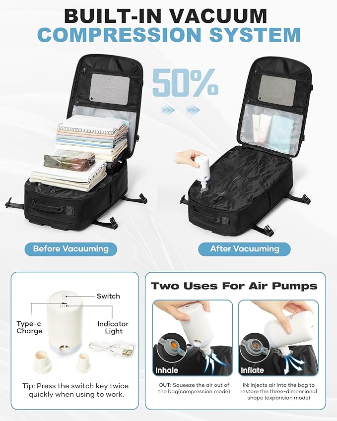 coofay Vacuum Backpack Travel with Pump Vacpack Backpack with Vacuum Seal Backpacks Traveling Backpacks Vacuum Compression Air Travel Bag Carry on Luggage