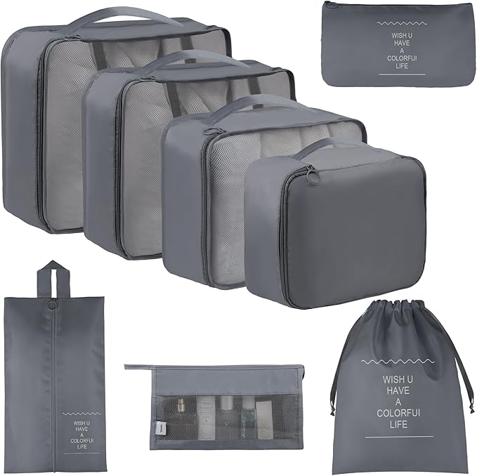 Vercord 8 Set Travel Packing Pods Luggage Organizers Cubes with Laundry Bags Accessories