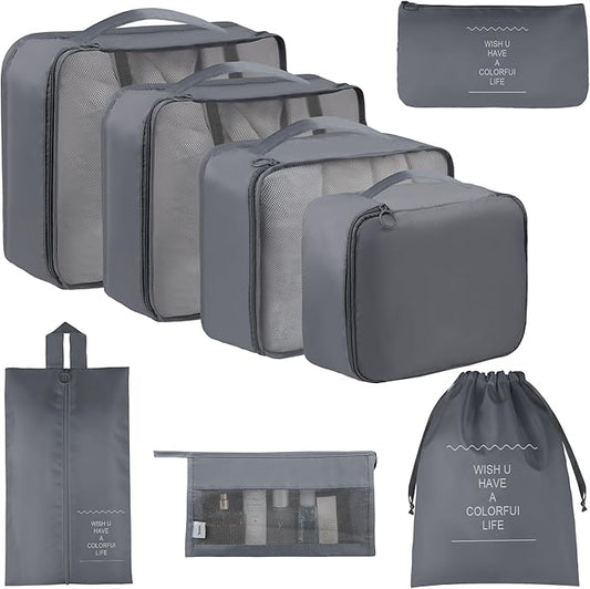 Vercord 8 Set Travel Packing Pods Luggage Organizers Cubes with Laundry Bags Accessories