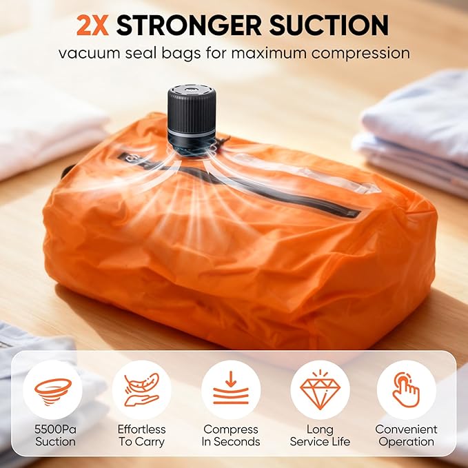 Vacuum Travel Bags With 5500Pa Wired Pump, Vacuum Luggage Bags for Clothes, Compression Bags for Travel, IP68 Waterproof Space Saver Packing Cubes for Suitcase, Backpack & Home Storage (2 Pack + Pump)