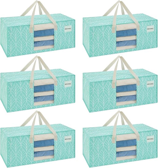 VENO 6 Pack Heavy Duty Moving Bags, Packing Bags with Clear Window, Alternative to Moving Boxes, Storage Bins for Clothes, Blankets, Comforters, College Dorm Essentials (Evergreen, 6 Pack)
