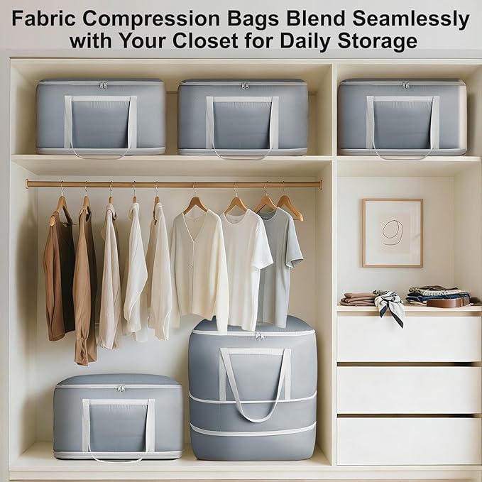 Comforter Storage Bag - 120L Bedding Storage Bags for Moving Closet, Washable Blanket Storage Bag, Ultra Space Saving Self Compression Organizer, 4-Pack, Grey