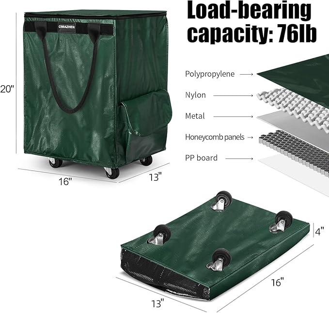 (Medium,Green) Reusable Grocery Bag on 4 Wheels, Foldable Rolling Tote Bag with 3 Handles and Zipper, Storage Organizer for Groceries, Rolling Shopping Cart for Travel, 76lb