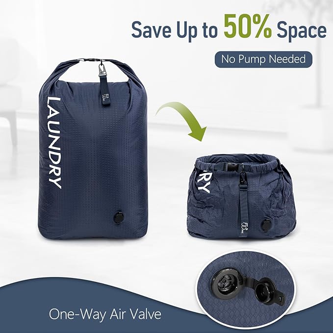 WiseBoy Travel Laundry Bag 2 Pack, Compression Laundry Bag for Dirty Clothes, Waterproof Wet Dry Bag, Pump-Free Space Saving Organizer for Suitcase Packing, Gym, Swim, Camping (Navy Blue & Green)