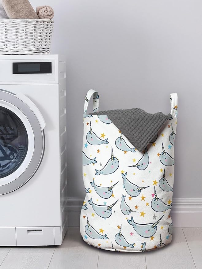 Ambesonne Narwhal Laundry Bag Pack of 2, Unicorn of the Oceans Pattern in Cartoon Style Composition Colorful Design, Hamper Basket with Handles Drawstring Closure, 13" x 19", Grey Gold