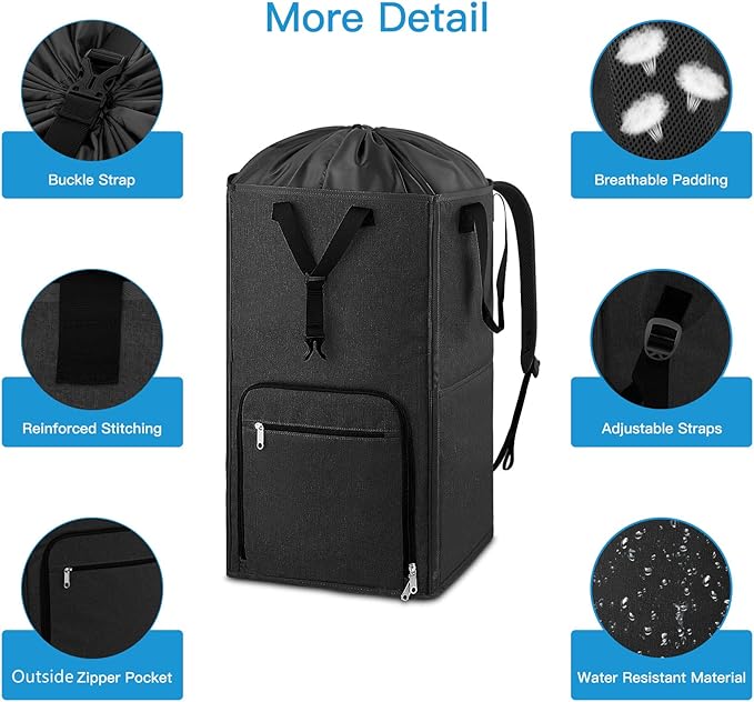 Bukere Laundry Backpack Bag, Extra Large 2 in 1 Laundry Hamper Basket for College Students Dorm Essentials, Adjustable Shoulder Straps, Freestanding Laundry Bag (Black&Black)