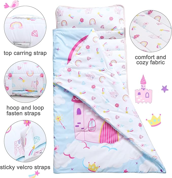 PHF Castle Toddler Nap Mat Set, with Removable Pillow for Toddler Girls, Soft and Lightweight for Daycare, Preschool, Travel, Kindergarten Sleeping Bag, Fits Ages 3-6 Years, Castle