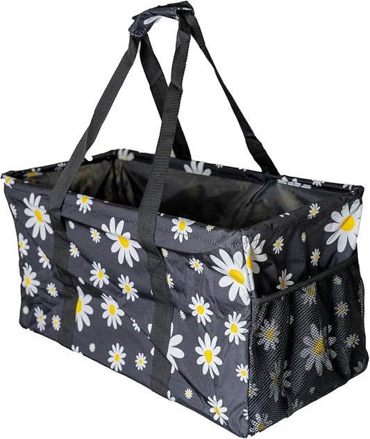 Extra Large Utility Tote Bag - Oversized Collapsible Reusable Wire Frame Rectangular Canvas Basket With Two Exterior Pockets For Beach, Pool, Laundry, Car Trunk, Storage - Black Daisy