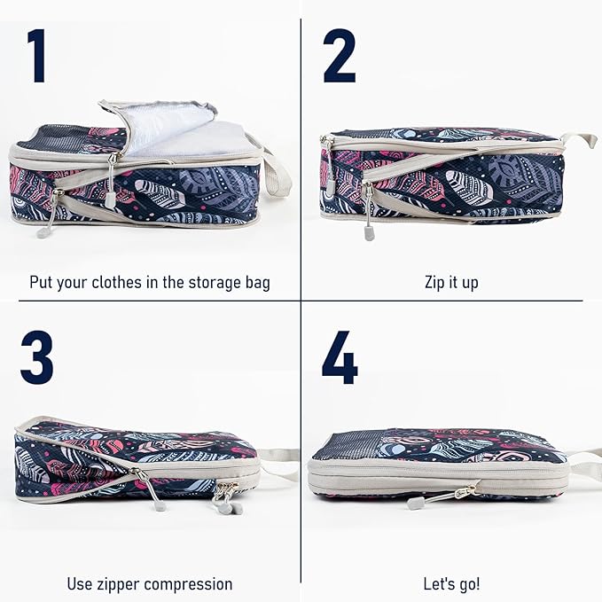 4 Set Compression Packing Cubes, Suitcase Organizer, Lightweight Travel Essentials, Compression Bags For Travel Accessories Luggage Storage Set (4Pcs, feather)