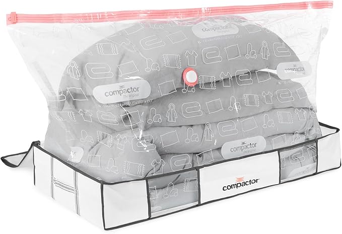 Compactor Under Bed Vacuum Storage Bag with Semi-Rigid Box, Closet Organizer, Vacuum Seal Bags for Clothing and Bedding, Fits All Vacuum and Nozzle Types, 190L, White, XL