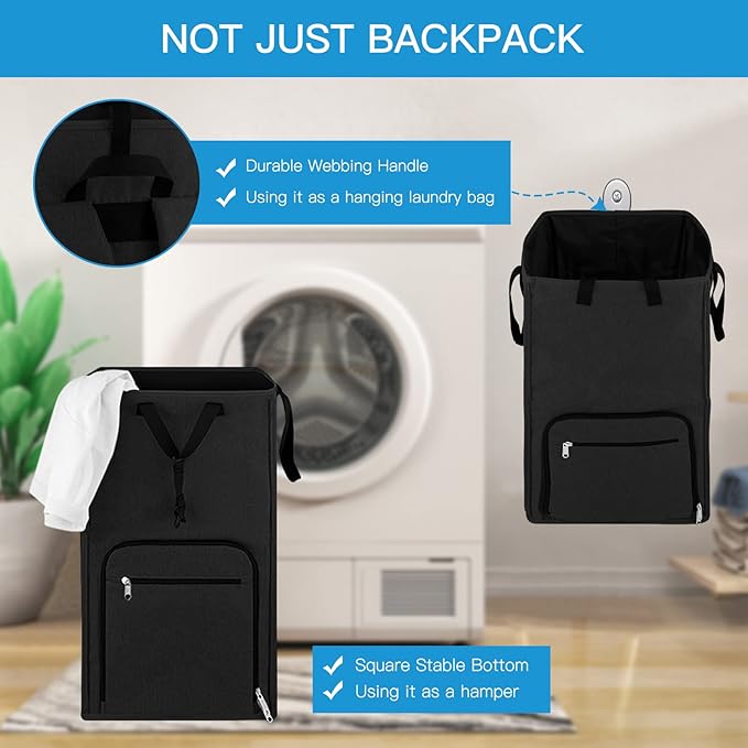 Bukere Laundry Backpack Bag, Extra Large 2 in 1 Laundry Hamper Basket for College Students Dorm Essentials, Adjustable Shoulder Straps, Freestanding Laundry Bag (Black&Black)