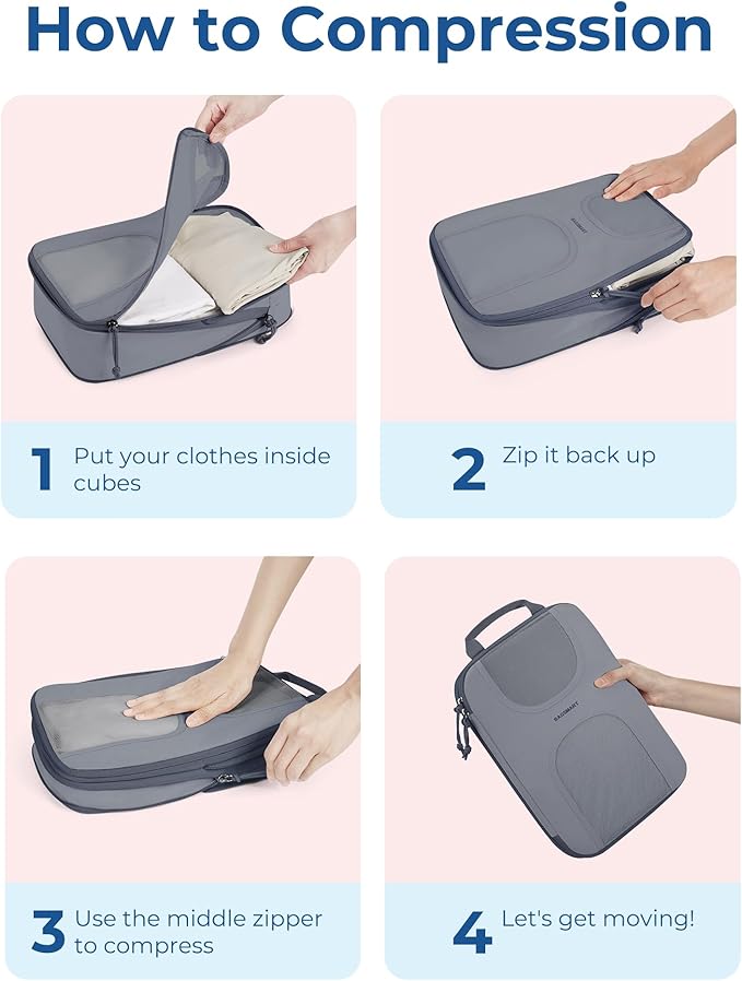 BAGSMART Compression Packing Cubes, 6 Set Packing Cubes for Suitcases, Lightweight Suitcases Organizers Bag Set & Compression Travel Cubes, Travel Essentials Packing Organizers