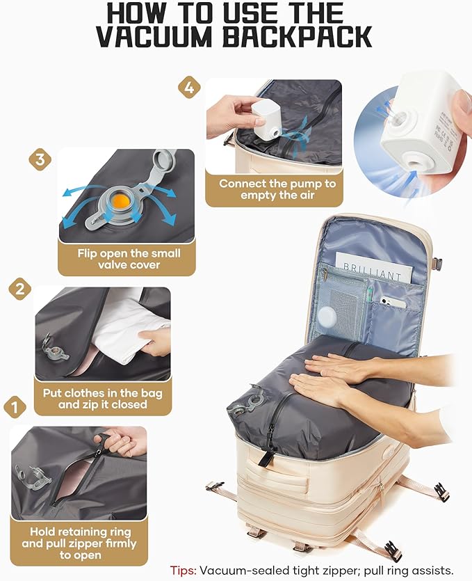wepadre Vacuum Backpack Travel with Pump Travel Backpack with Vacuum System Expandable Vacpack Compression Backpacks for Travel Easy Vac Pack Carry on Luggage Beige