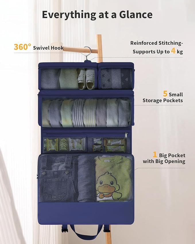 ECOHUB 8-in-1 Hanging Packing Cubes, Foldable Travel Storage Bag, Travel Organizer Expandable Packing Cube for Suitcase or Luggage (Blue)