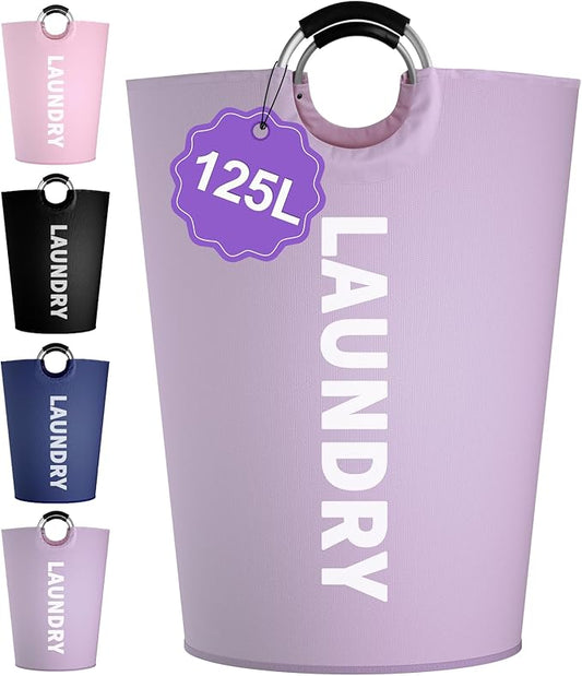 Super Large Laundry Basket with Handles, 125L Foldable Dirty Clothes Hamper for Adult, Stand-alone Laundry Hamper in 600D Oxford Fabric, Purple Storage Basket for Family, Guest House,Purple