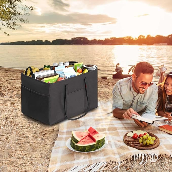 LHZK Standing Utility Tote Bag with Metal Wire Frame and the Sides Rinforced, Large Tote Bag with Handle, Reusable Grocery Bags Foldable, Beach Bag, Car Tote (Black, 18.5''x11.8''x11.5'')