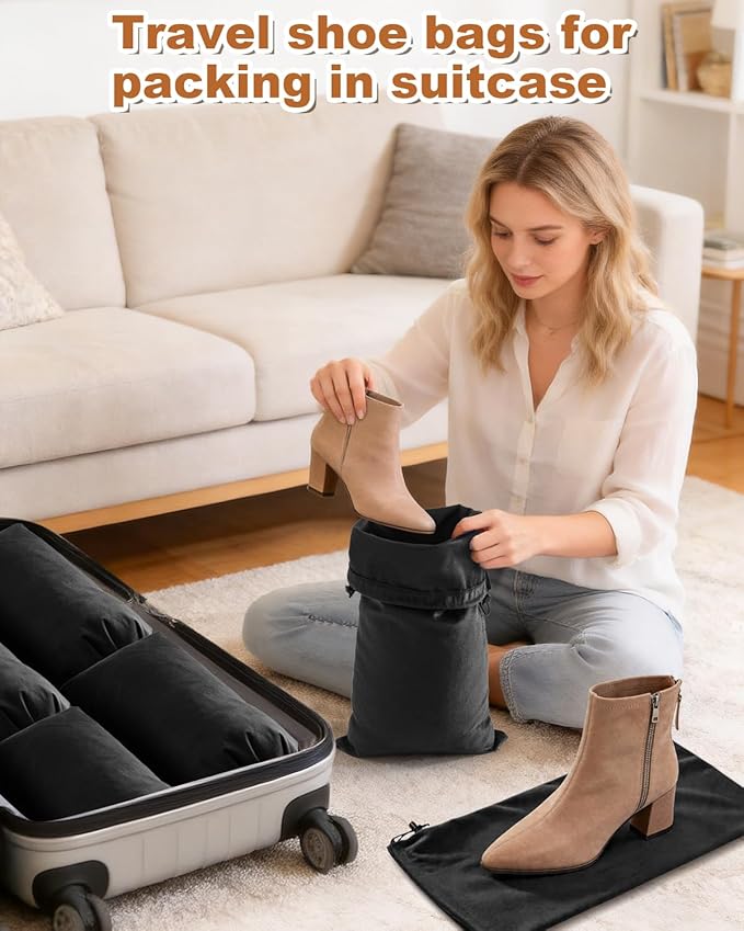 6 Pcs Single Shoe Bags for Travel, 17.3"x8.6" Washable Travel Shoe Bags for Packing in Suitcase, Velvet Dust Bag with Drawstring, Shoe Pouch for Women and Men, Travel and Home Storage(Black Beauty)