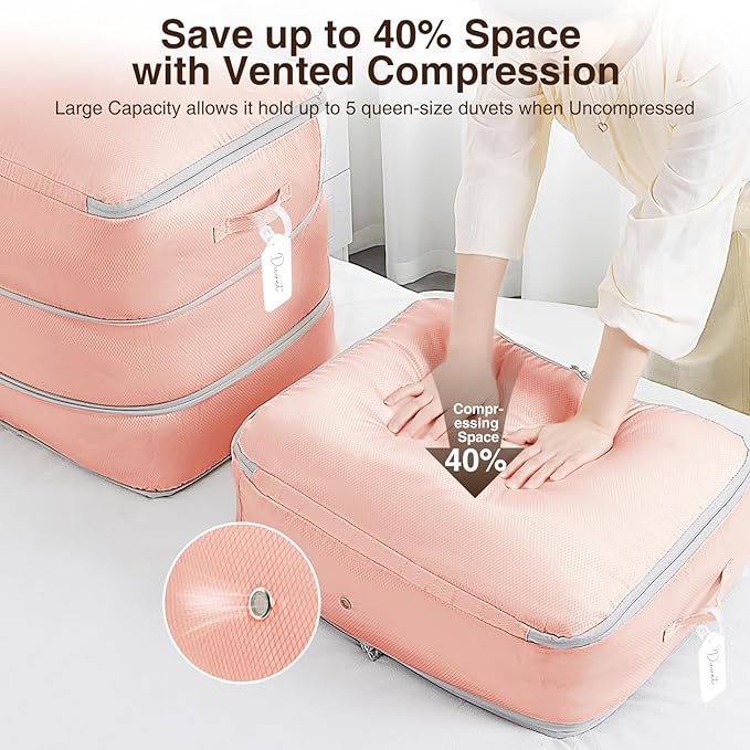 Homsorout 2 Pack Compression Storage Bags - 110L Large Capacity Comforter Storage Bag, 3-Layer Washable Ultra Space Saving Self Compression Organizer Space Bags for Blankets, Sweaters, Sheets, Pink
