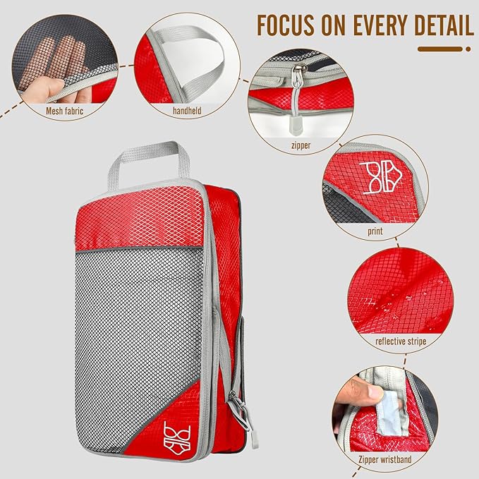 8 Set Compression Packing Cubes for Travel, Expandable Luggage Organizer with Shoe Bag & Laundry Bag - Lightweight Suitcase & Backpack Travel Essentials (Red)