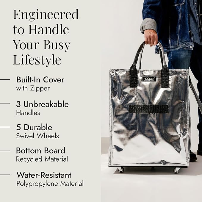 (Large, Silver) Reusable Grocery Bag On Wheels, Shopping Trolley, Rolling Tote, Zipper Closure, Lightweight, Carries Up to 66 lb, Folds Flat, Unbreakable Handles