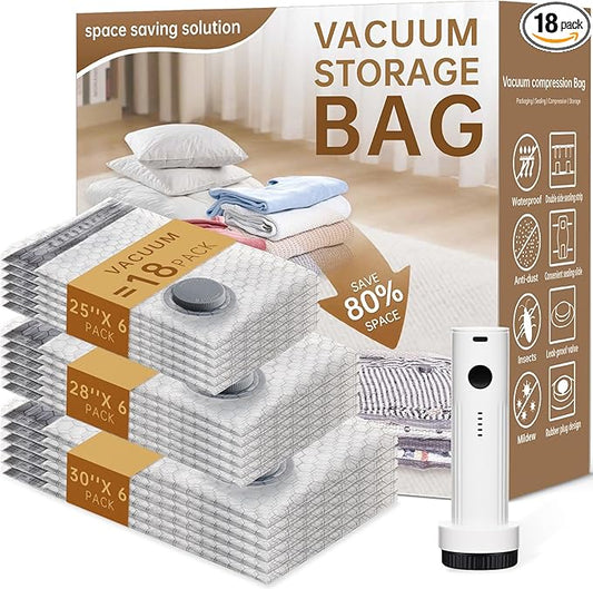 Vacuum Bags for Travel with Wireless Rechargeable Pump, 18 Pack Carry-on Size Compression Packing Seal Bags for Luggage and Suitcase, Space Saver Vacuum Storage Bags for Clothes and Clothing Travel