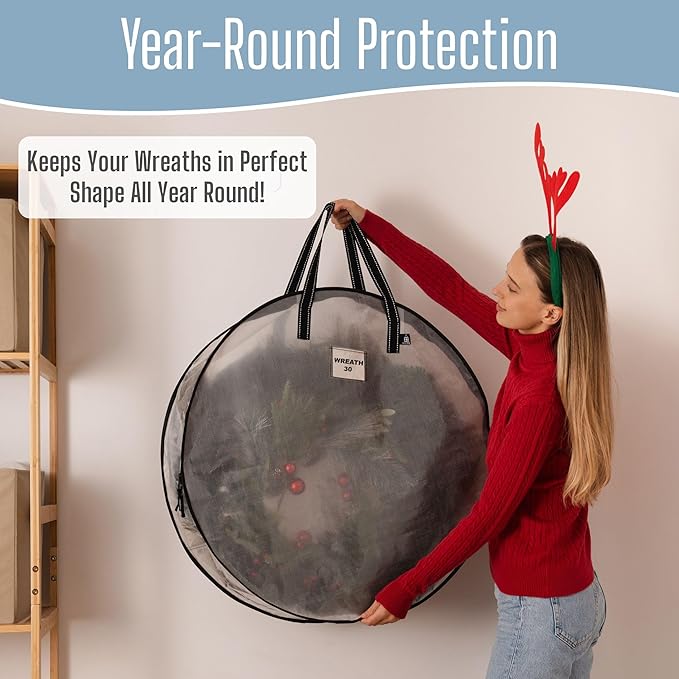 VENO 30 Inch Wreath Storage Container, 2 Pack Clear Round Christmas Wreath Storage Bag, Heavy Duty Clear Holder with Wall Hanging Handles